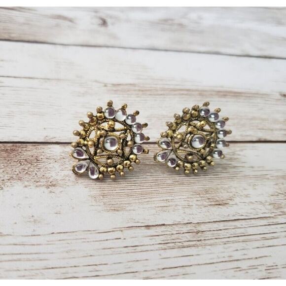 Vintage Earrings for Pierced Ears - Stunning Ornate Gold Tone & Clear Gem - Picture 2 of 4